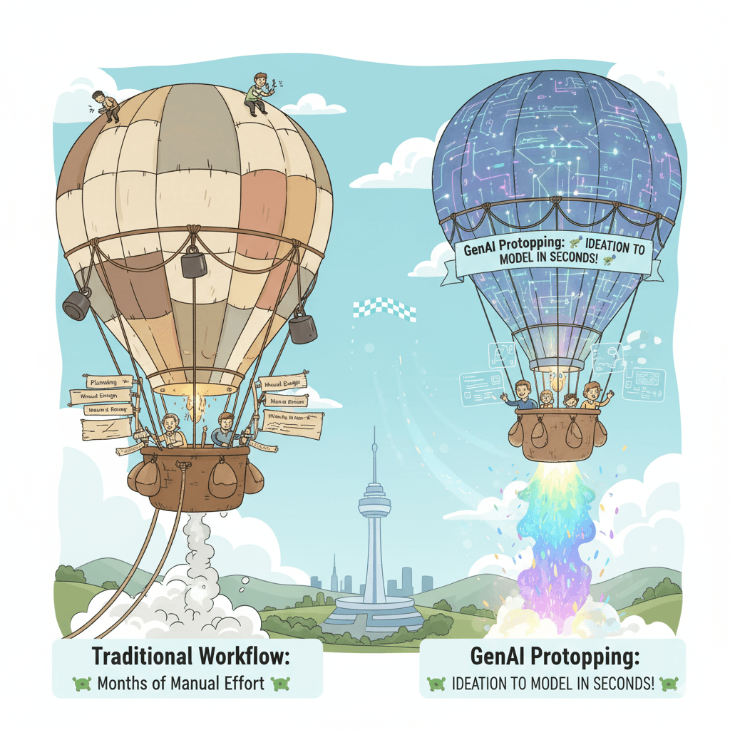 A whimsical diagram shows two hot air balloons in a race above a city skyline, illustrating Traditional Workflow versus GenAI Prototyping.